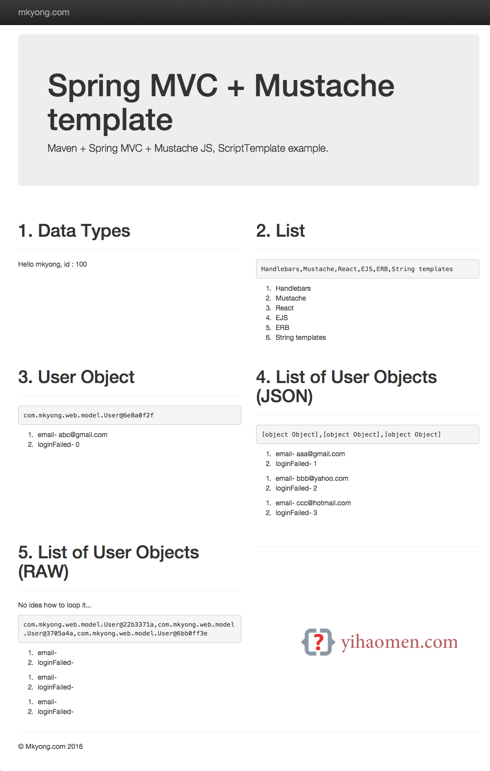 Spring MVC + Mustache JS template example