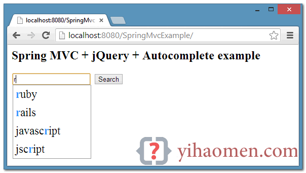 Spring MVC + jQuery Autocomplete example